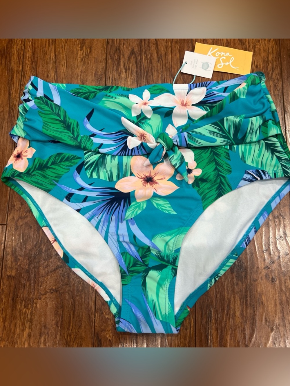 Kona Sol Teal Tropical Hi Rise Bikini Bottoms Womens M Faux Wrap Slimming